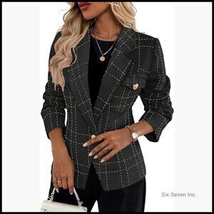 Tweed Blazer Slim Fully-Lined Petite Plaid Office Suit Jacket
